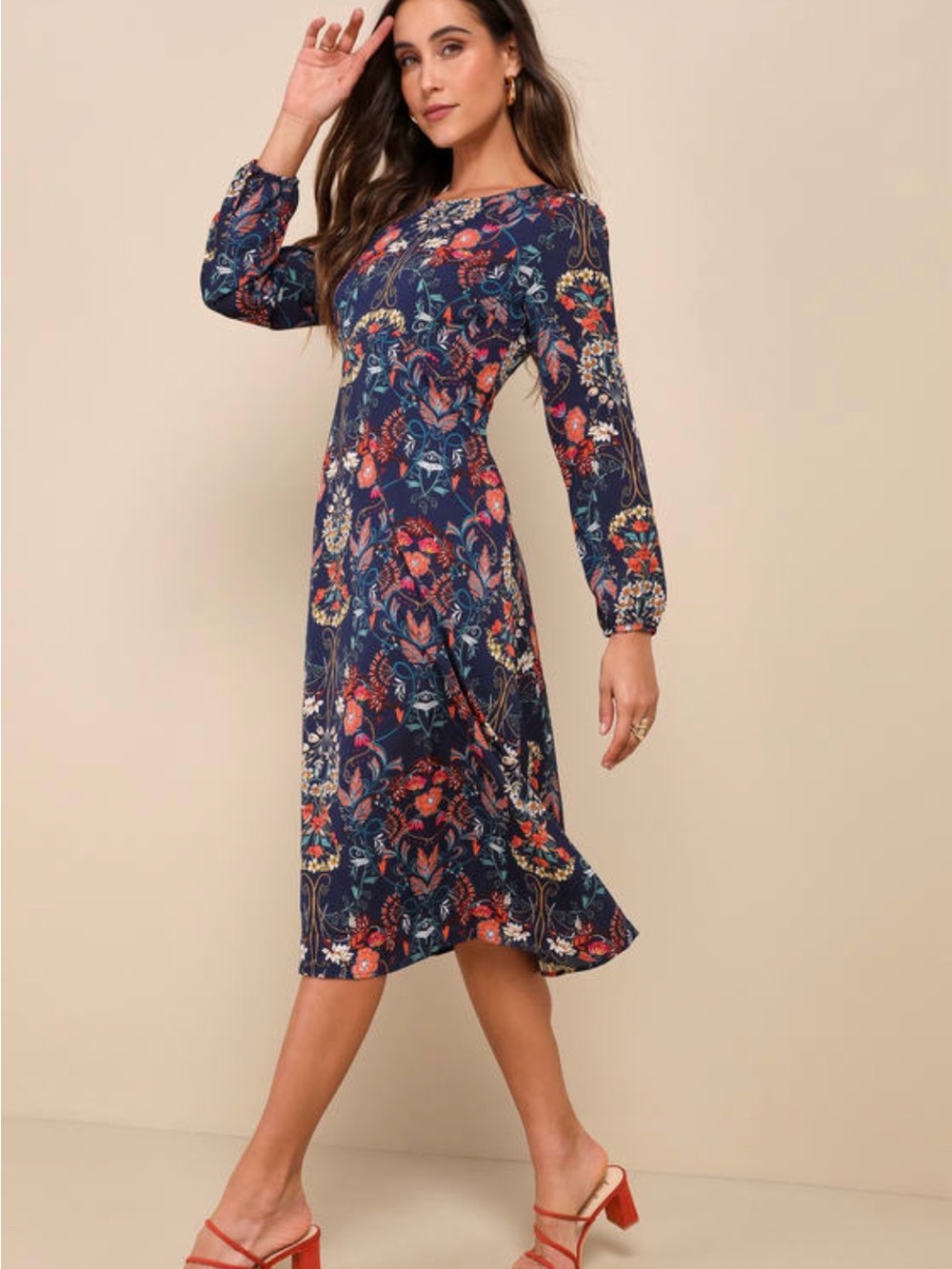 Madeline Navy Floral Long-Sleeve Midi Dress